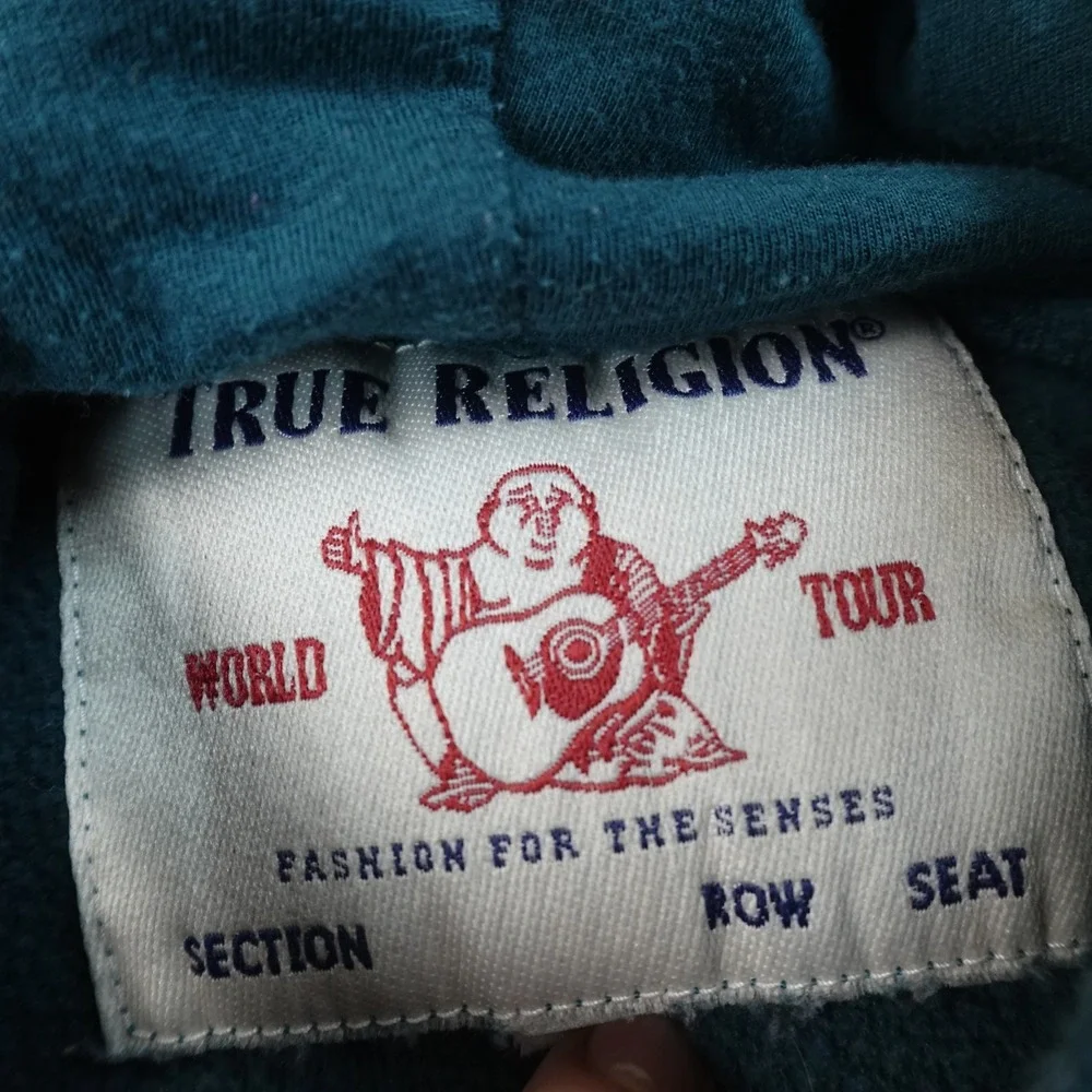 True Religion Hoodie Mens L Green Blue Colorblock Pullover Sweatshirt Sweater